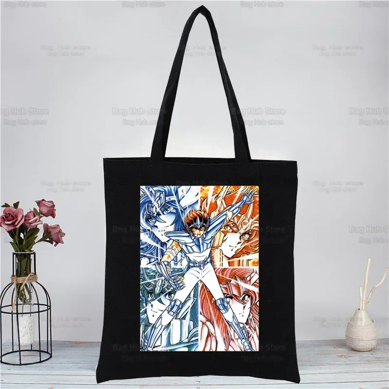 Saint Seiya Anime Manga Phoenix Large Women's Shopper Bag Canvas Tote Shoulder Bags Shopping Bag Black Cloth Handbags Eco