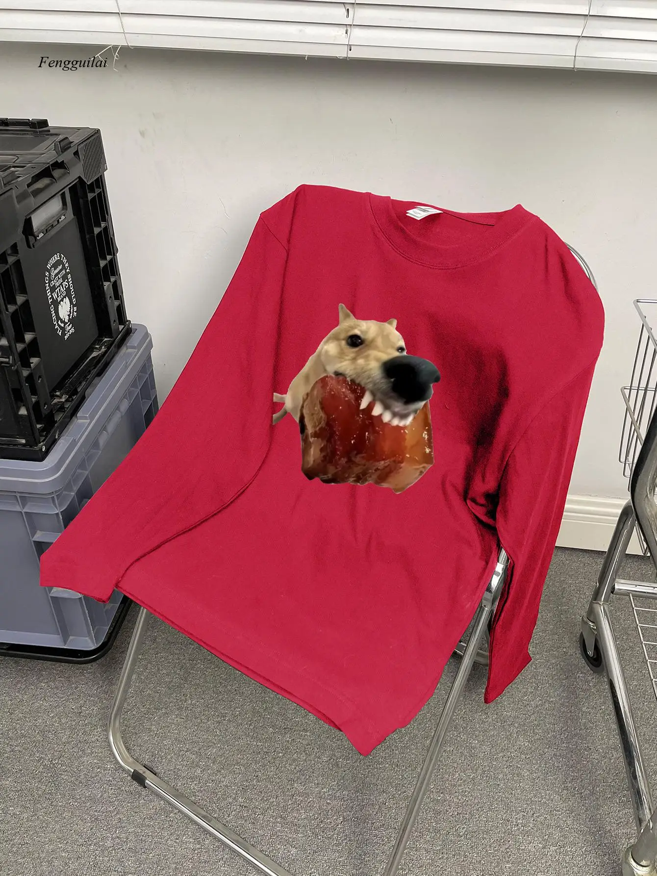 Casual Long Sleeve T-Shirt with Playful Dog & Meatball Graphic - Soft Cotton Crew Neck