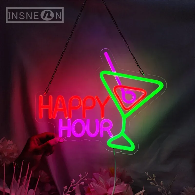 Happy Hour Neon Sign Cocktails 5V USB LED Light, Wall Decor Bedroom, Beer Bar, Hotel Party, Club, Office Dance Art, Night Lights