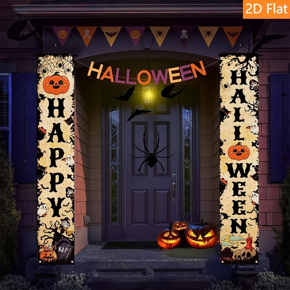VIKAMA Bannière Verticale Vintage Joyeux Halloween pour Porche, Drapeau Suspendu Citrouille Fantôme Chauve-souris, Décoration de Porte d'Entrée Style Ferme pour Halloween