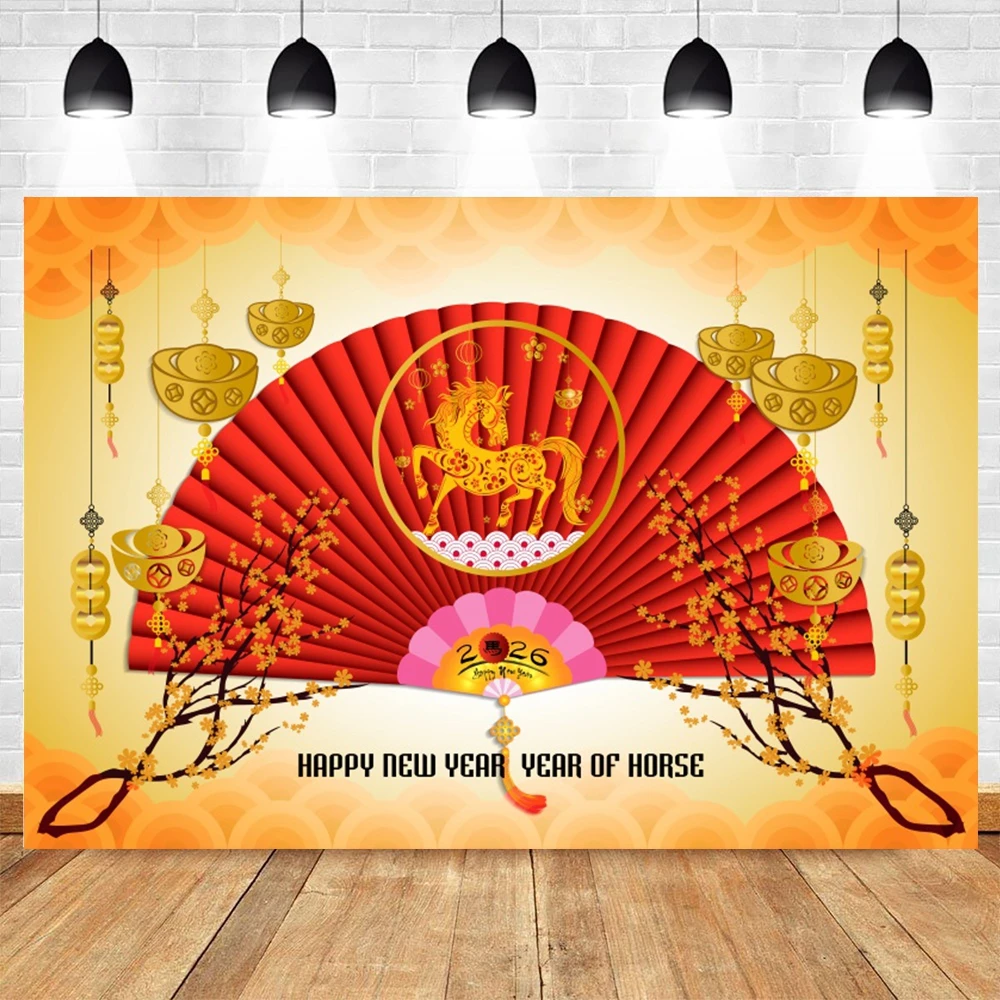 2026 Gaya Cina Tahun Baru Latar Belakang Lentera Merah Bunga Kuda Emas Festival Musim Semi Dekorasi Fotografi Latar Belakang Foto Studio