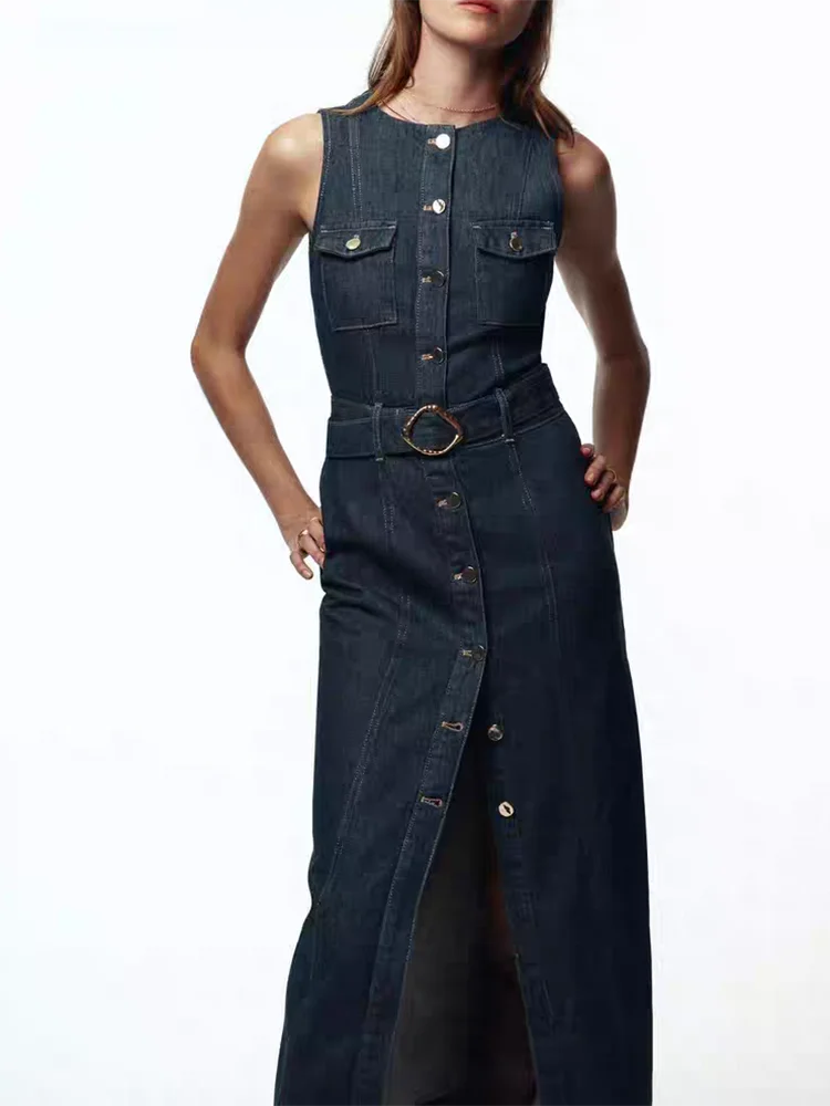

Faionable Comfortable Sexy Denim Dr with Belt Autumn New Arrival Women's Clothing round Ne Long Sve Midi Dr