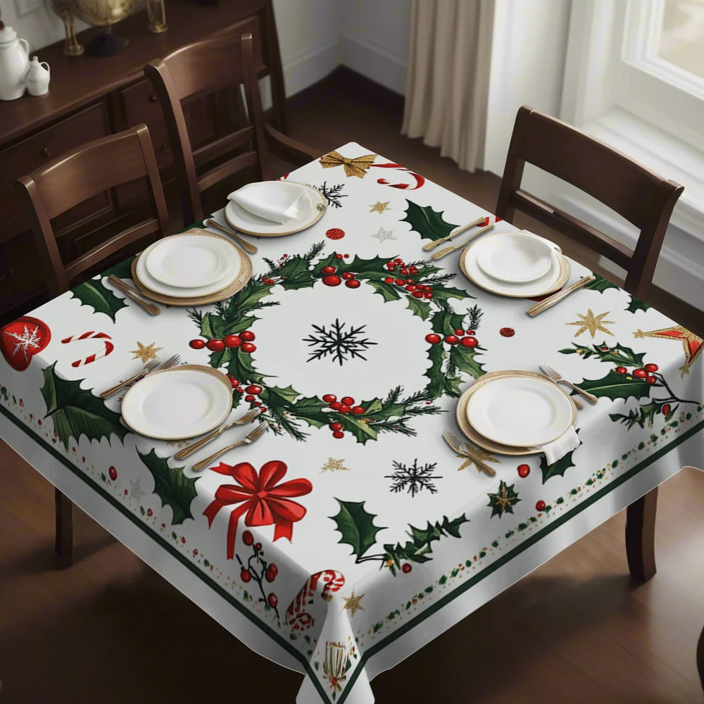 Christmas Poinsettia Holly Snowflake Waterproof Tablecloth Table Decor Winter Xmas Kitchen Table Runner Christmas Decorations
