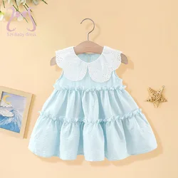 0-4 Y Children Summer Dress Lovely Doll collar Baby Clothing Solid Color Fashion Toddler Soft Dresses Sweet Girl Kids Daily Wear