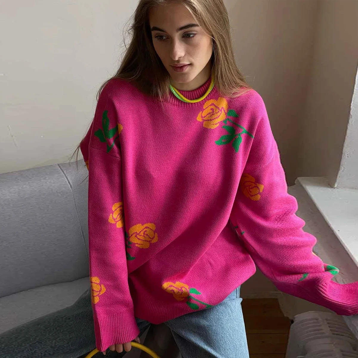 

Round Neck Rose Printed Sweater Sweater European and American Autumn and Winter New Versatile Loose Pullover Sweater for Women