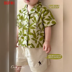 1-5Y Kids Clothing Set Leaves Printing Single Breasted Shirt and Shorts 2PCS Cool Boys Clothes Suit Beach Vacation Girls Outfit