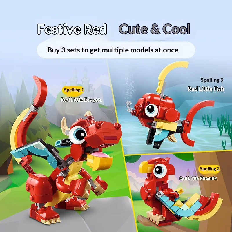 

LEGO 3-in-1 Building Blocks 31173 Red Flying Dragon, Red Phoenix, Red Tropical Fish, Male and Female Children's Toy Gifts