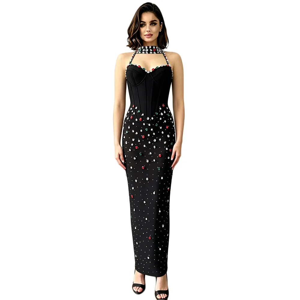 Mid to long length socialite neck hanging nail diamond dress sexy hollow out sleeveless wedding evening dress party tight dress
