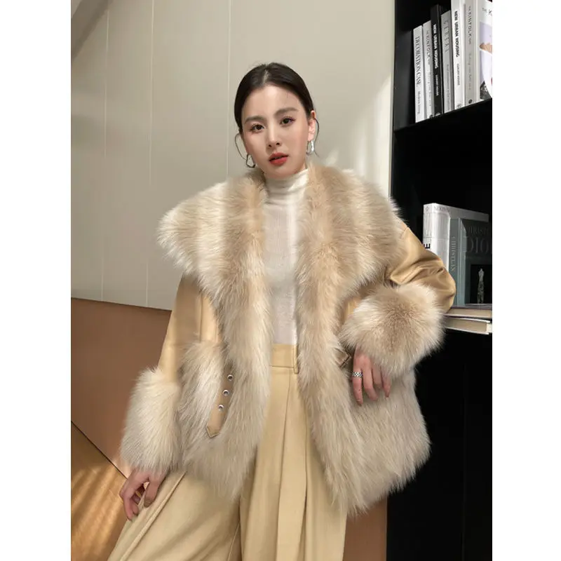 2022 Winter Women\'s Luxury Faux Fur Jacket Korean Lady Graceful Loose Warm Thick PU Leather Coats Personality Outerwear Female