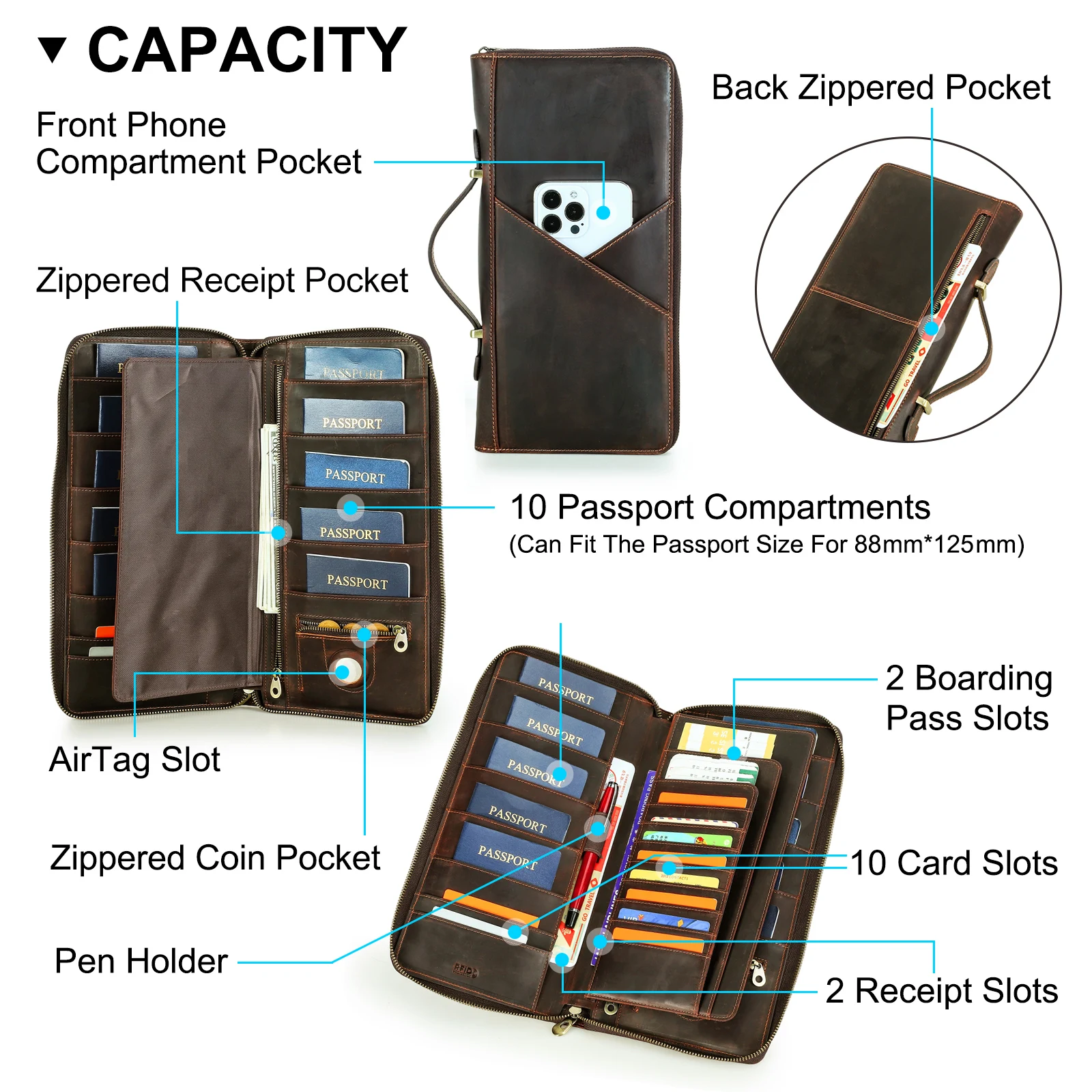 CONTACT'S Genuine Leather Family Passport Clutch Wallets Passport Cover Travel Handbag, 10 Passport Slots, Free Personalization