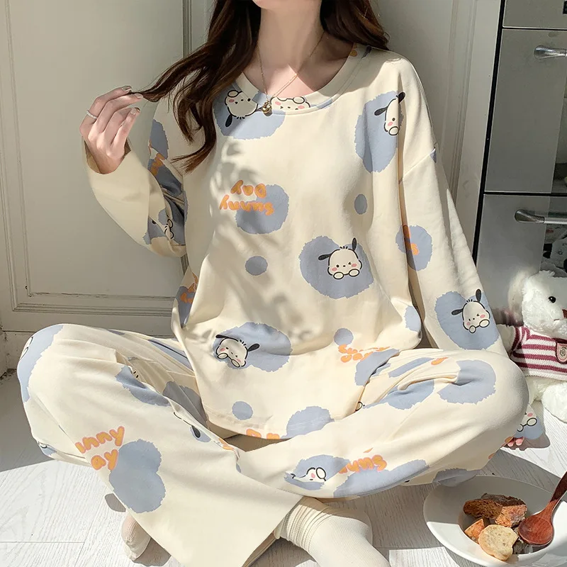 2Pcs/Set Spring and Autumn Women Pajamas Cute Floral cotton Cartoon Long-Sleeved Large Size Clothing Korean Elastic HomeWear