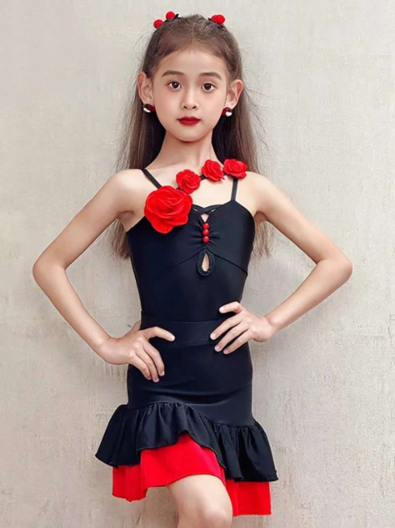 

Black Kids Girls Latin Dancewear Sleeveless Flower Bodysuit and Skirt Dancing Samba Rumba Practice Competition Dance Costume