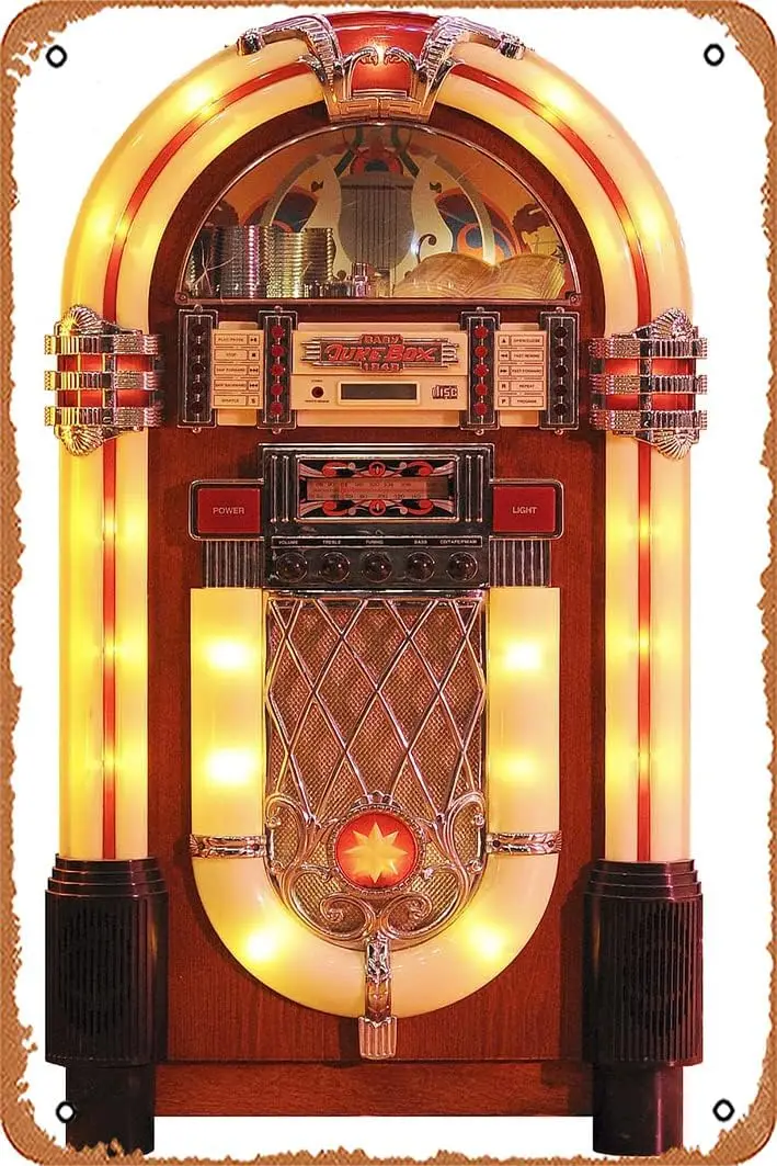 Muecddoa – Braune Juke-Box, Jukebox, fifties, Rock 'n' Roll, Musik, Spieluhr Vintage-Poster 8x12 Zoll Retro Vintage-Dose