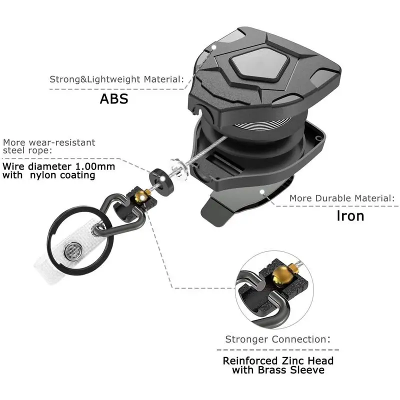 Porta-crachá retrátil com corda de fio de aço, chaveiro resistente, clipe mosquetão elástico, acessórios ao ar livre