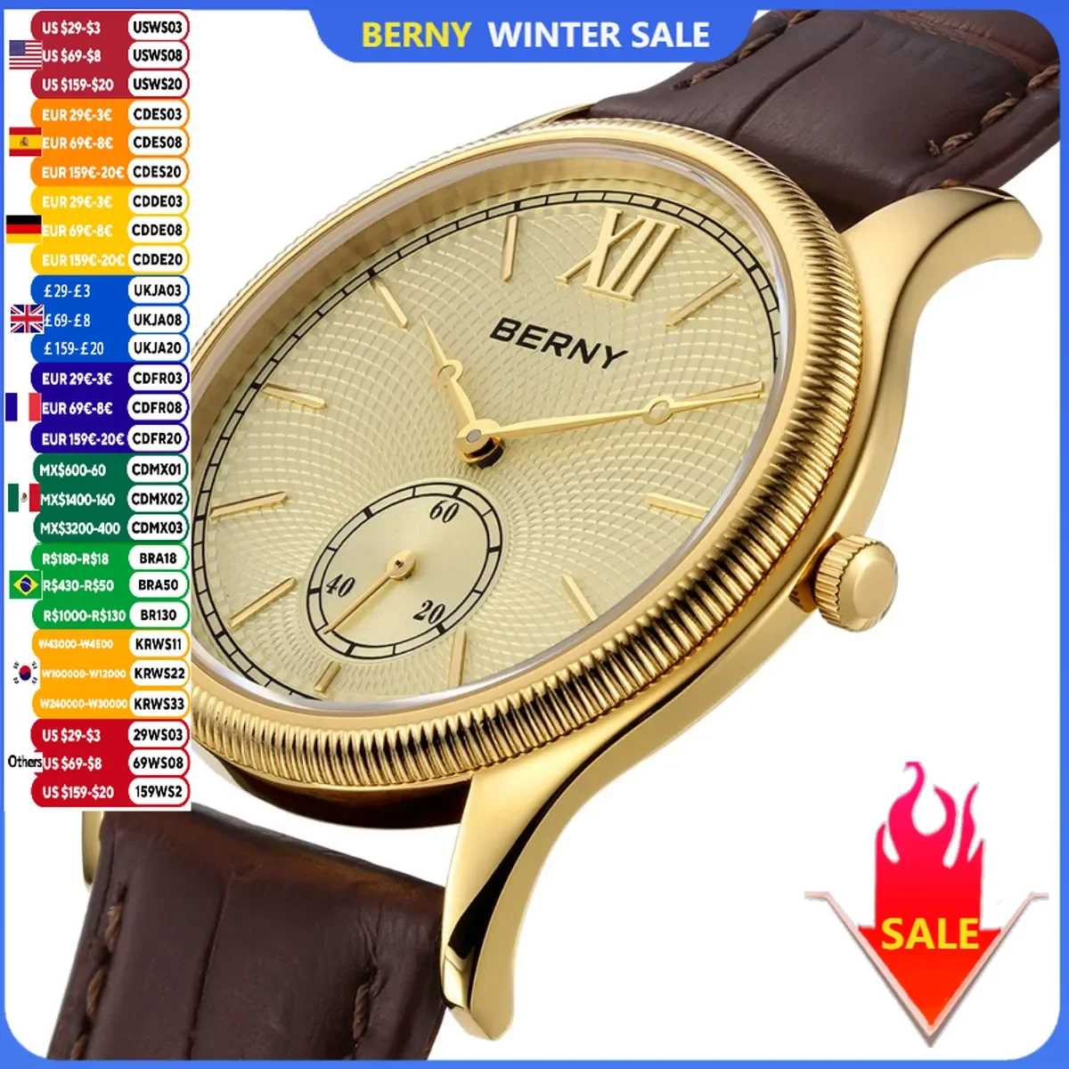 BERNY Luxury Watches for Men Ultra-Thin Classic Elegance Dress Gold Quartz Men\'s Watch Leather Strap Fashion Business Wristwatch