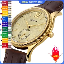 BERNY Relógios de luxo para homens ultra-fino clássico elegância vestido ouro quartzo relógio masculino pulseira de couro moda negócios relógio de pulso