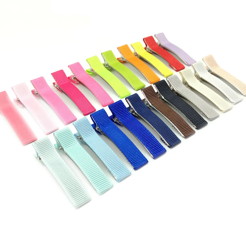 100pcs 20 Colors 50mm Double Prong Alligator Hair Clip Kids Grosgrain Ribbon Covered Hairpin Barrettes DIY Hair Accessories