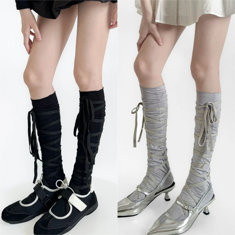 

Новые серые длинные носки в балетном стиле, женские тонкие прозрачные гольфы, корейские гольфы с бантом Y2K, милые сложенные носки в стиле Лолита JK