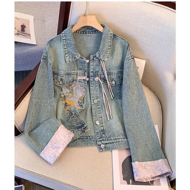 New National style buckle short denim jacket women's spring and autumn 2024 new embroidered Tang suit Print Jeans Coat Female