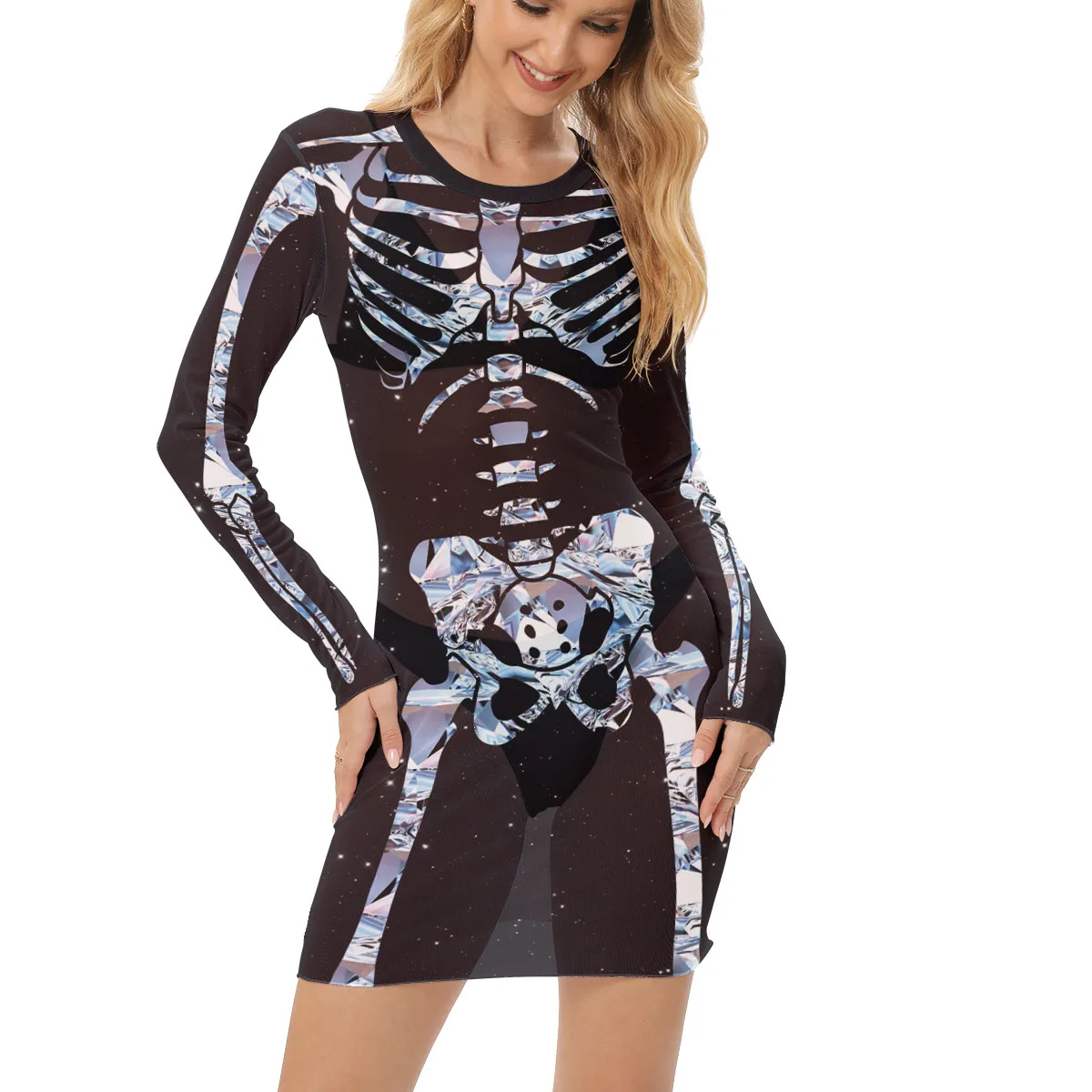 Festival Skeleton Mini Dress Women Sexy Black Mesh Dress Halloween Cosplay Gown Ghost Outfit Carnival Party Gothic Dress Up