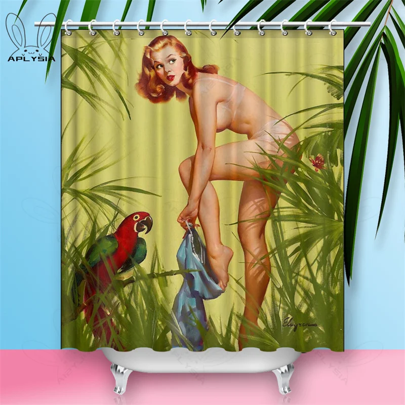 Custom Sexy Girl Hot Breast Shower Curtains European Retro Woman Skirt Dress Daily Waterproof Polyester Fabric Bathroom Curtain