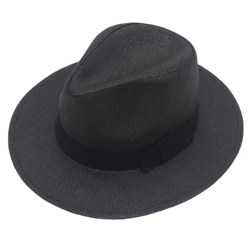 Women Men Black Ribbon Straw Hat Trendy Panama Summer Sun Hats Trilby Gangster Cap Beach Casual Jazz Hat Cowboy Travel Sunhat