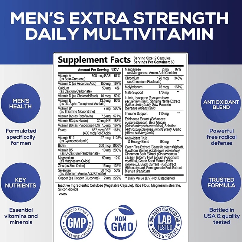 Men\'s Multivitamin Supplement with Vitamins A, B12, C, D & E Non-GMO Capsules