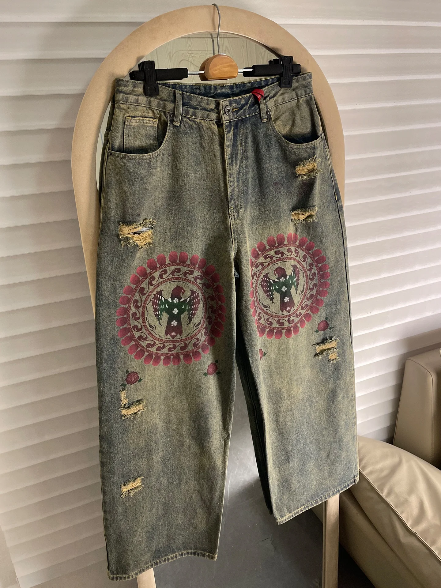 

Parisian Sle American High Street fiti Print Jeans Men's Waed Vintage Loose Straight Leg Torn Long Trousers Trendy