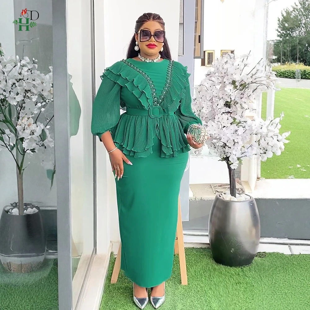 

H&D Африканская баска больших размеров с оборками и бисером, с рукавами 3/4, прямая макси-юбка и пояс для вечеринок, свадебных торжественных мероприятий