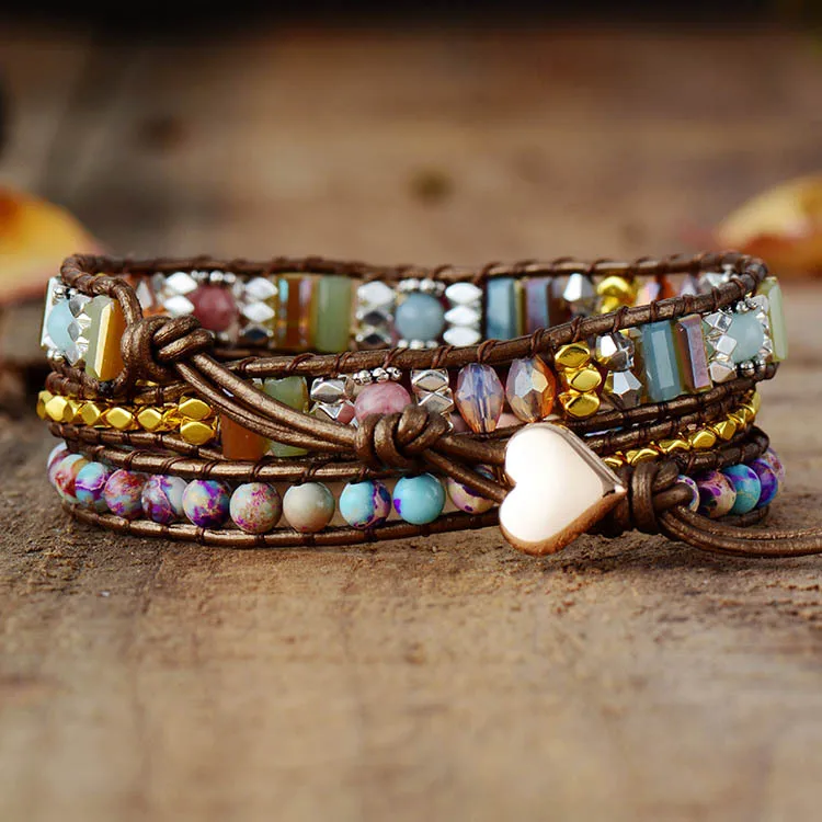 Custom Handmade Natural Rhodonite Beaded Multi Layer Boho Woven Leather Wrap Bracelet For Women With Two Custom Color Options