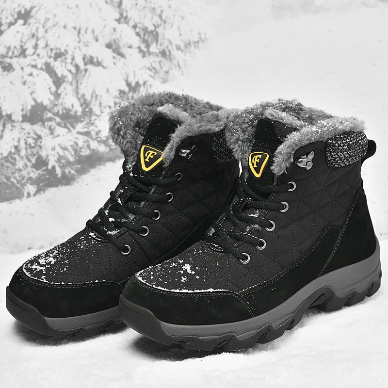 Brand Winter Men Snow Boots Fur Plush Warm Leather Men Boots Waterproof Ankle Boots Outdoor Non-Slip Hiking Boots Work Shoes