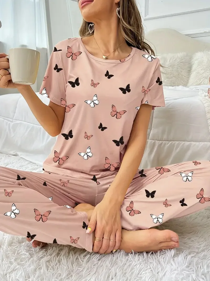 1 Set Butterfly Print Pajama Set, Short Sleeve Crew Neck Top & Elastic Waistband Pants, Women\'s Sleepwear & Loungewear