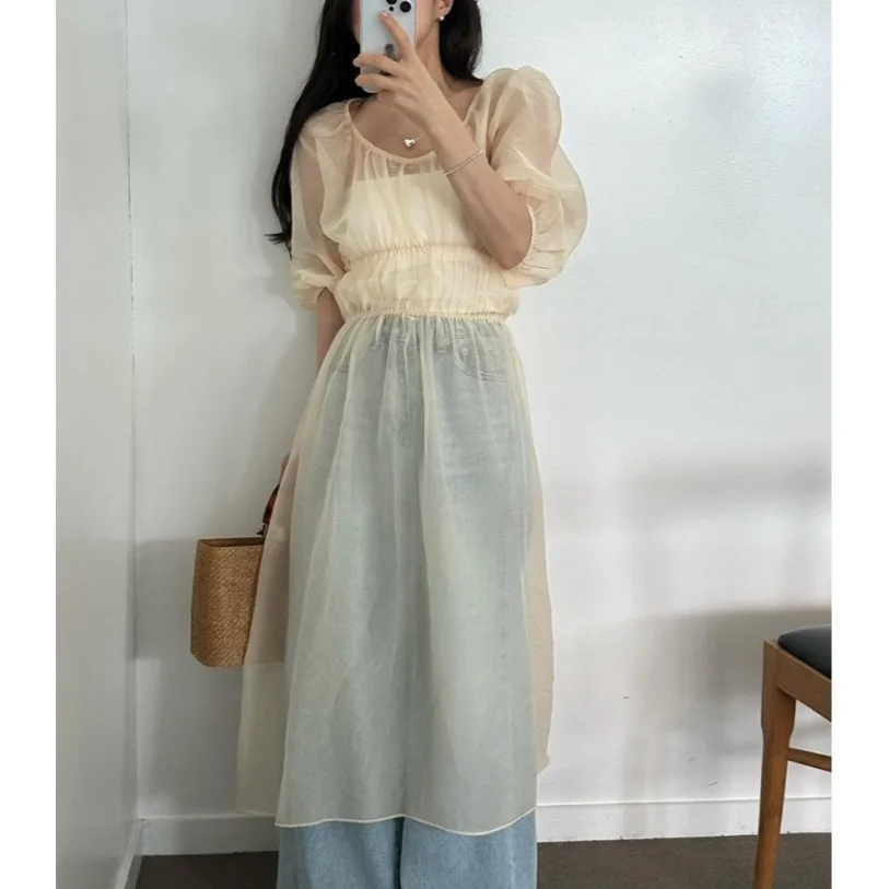 

Gentle Wind Folded High Waist Slimming Mesh Dress Layering Slightly Transparent Korean Style Women's Casual Dress