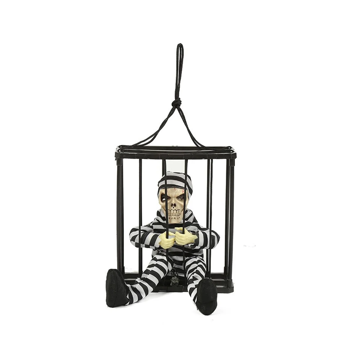 การตกแต่งฮาโลวีนแบบเคลื่อนไหวกรีดร้องของตกแต่งฮาโลวีนพร้อมเซ็นเซอร์ตรวจจับความเคลื่อนไหวนักโทษกรงกะโหลกศีรษะที่น่ากลัว B