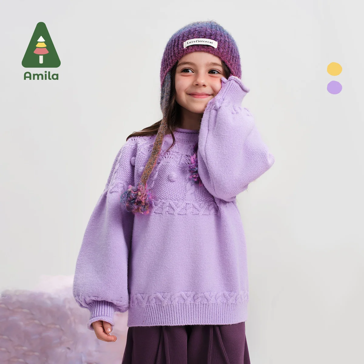 Amila Baby Sweater 2024 Winter New High Quality Solid Color Lantern Sleeve Round Neck Casual Loose Soft Children‘s Pullover