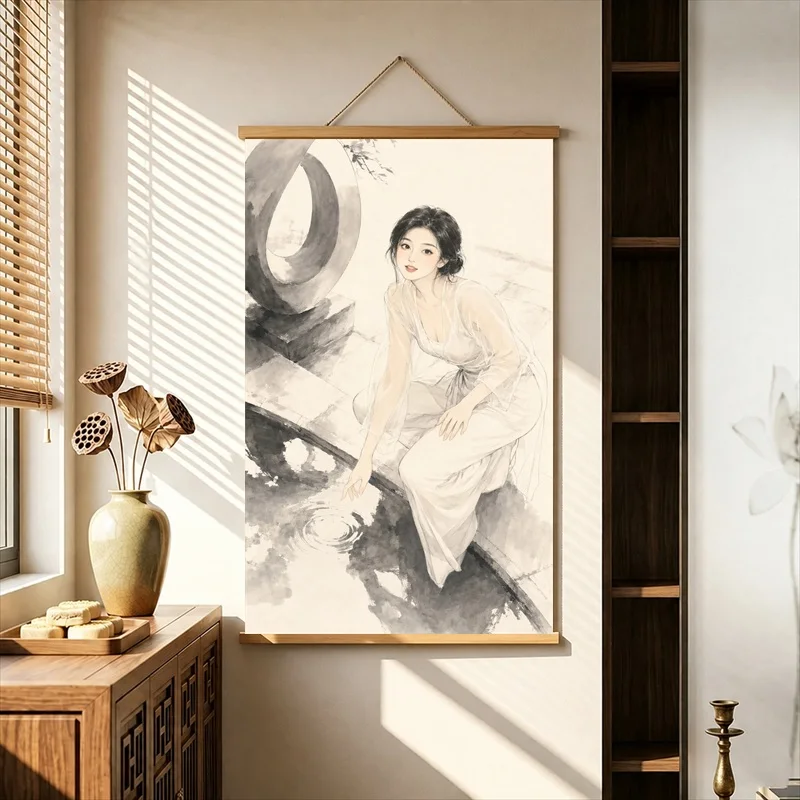 Wall Art Classical Women Reading and Resting, Chinese Ink Portrait Pearlescent Canvas Wall Hanging Scroll for Reading Nook Decor