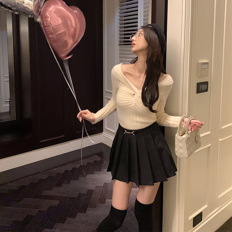 

Bla Velvet Pleated Skirt Metal Bule High Waist A-Line ort Skirt for Leg Beau Players Commute Sle Pure Color Design