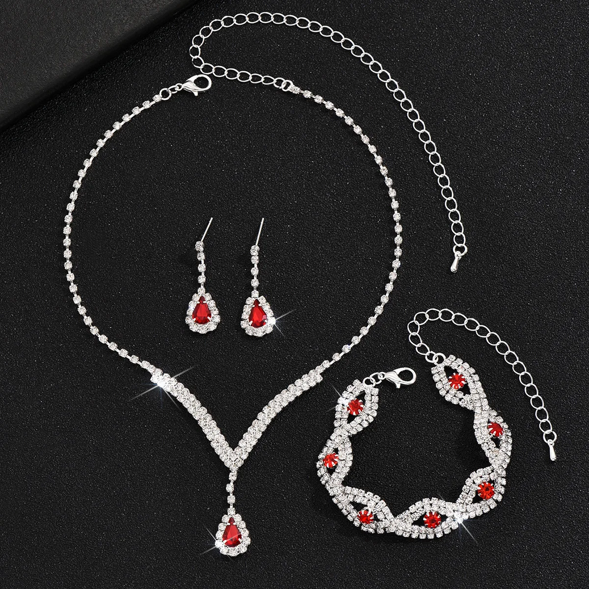 3 Pcs Luxury Rhinestone Bride Jewelry Set for Women Black Water Drop Crystal Earrings Wedding V Necklace Eye Bracelet Fashion- image 6