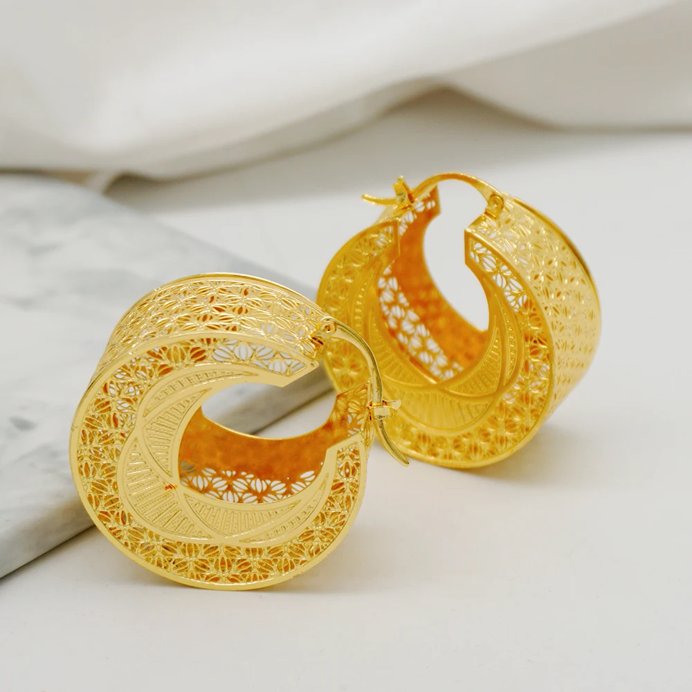Luxury Jewelry Hollow Out Ear Clip Earrings Dangle Drop Copper Hoop Earrings Circle Earrings For Women Wedding African Jewelry