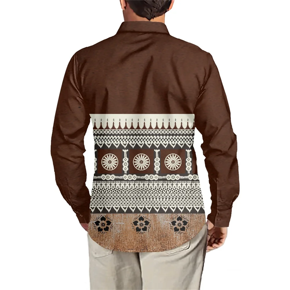 Samoan Tongan Fijian Samoa Polynesian Tribal Clothing Tattoos Print Men Long Sleeve Brown Shirts Fall Fashion Streetwear Party