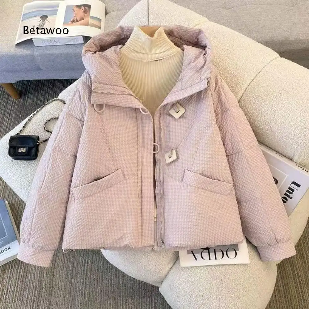 Textured Fabric Hooded Short Padded Jacket For Women Zipper Front Square Button Decor Winter Coat With Front Patch Pockets