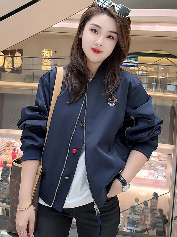 

Spring 2026 Women's Fashion Loose Casual Short Baseball Jacket Buttons Outerwear Polyester Fiber Long Sleeve Stand C...
