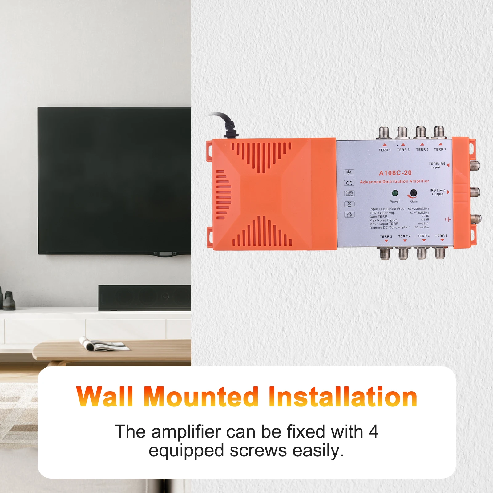 مضخم توزيع 8 اتجاهات لإشارات التلفزيون والراديو الأرضية - نظام MATV/SAT داخلي مع حلقة IRS، كسب 20 ديسيبل