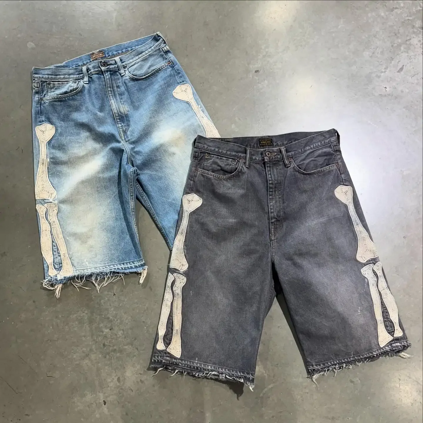 Summer retro skeleton denim shorts sports casual shorts new couple wearing street street 55 pants 2025 New Europe and America
