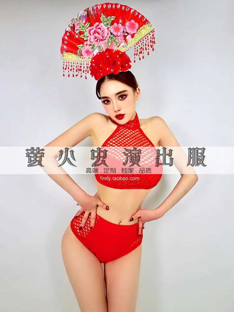 اليراع بار جوجو أداء زي أحمر كبير الأكمام ملهى ليلي DS النمط الصيني الاتجاه الوطني جديد منتصف الخريف مجموعة للنساء #3