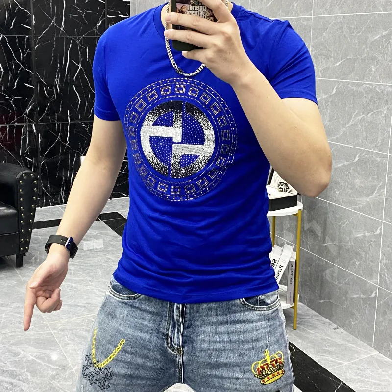 

2024 Rhinestones T Shirts Men Summer Clothes Abstract Pattern Fashion Streetwear O Neck Short Sleeve Slim Mens Tee Shirt Homme