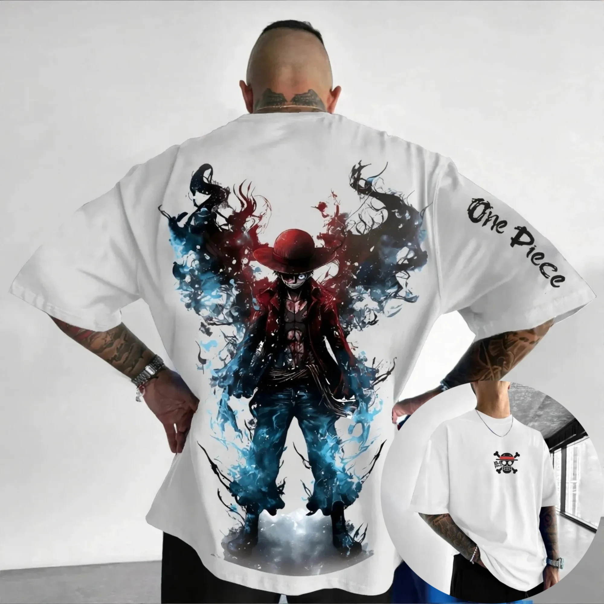 

One Piece Luffy Anime Printed T Shirt 2025 Summer Men's Black Cotton Short Sleeve T-shirt with Glowing Eyes and Lightning