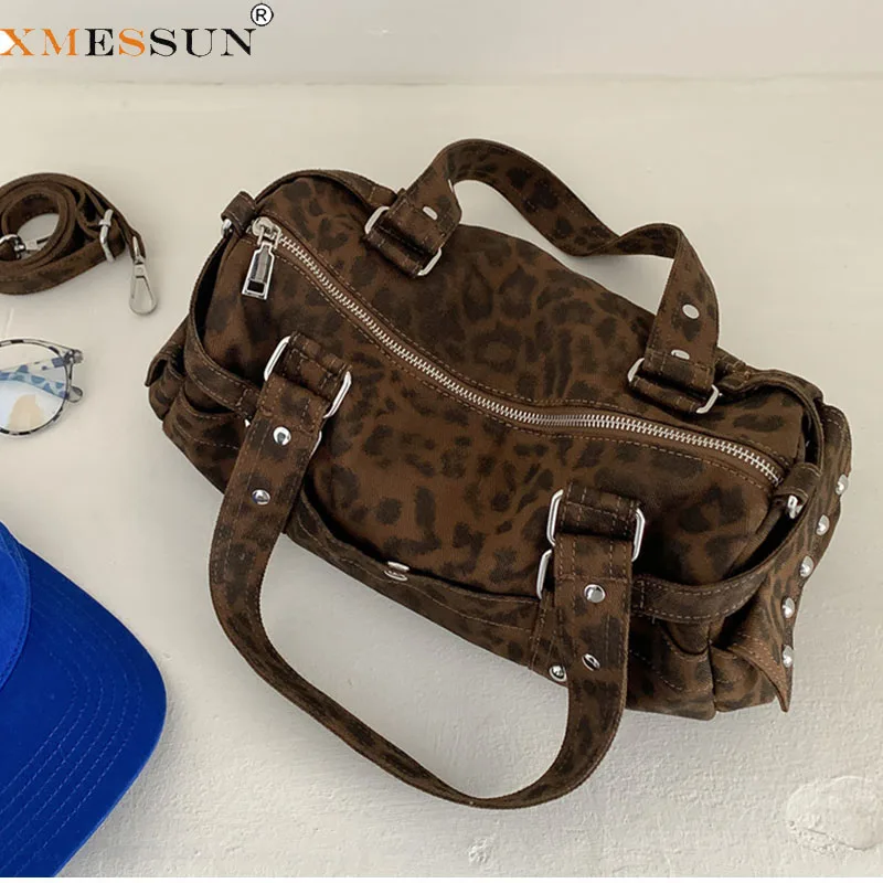 XMESSUN New Vintage Leopard Rivet Motorcycle Bag for Women,Fashion Designer Ladies Underarm Bag Casual Shoulder Crossbody Bag