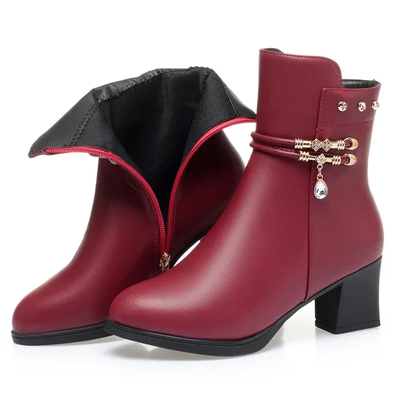 Women Soft Leather Ankle Boots 2024 Spring Winter with/without Thick Plush Comfortable Thick High Heels Snow Boot Platform Shoe