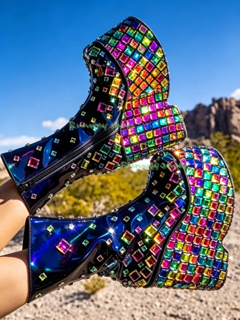 Rainbow Rhinestone Ankle Boots Black Laser Patent Leather Side Zipper Women's Boots Ultra-High Platform Party  Winter Boots